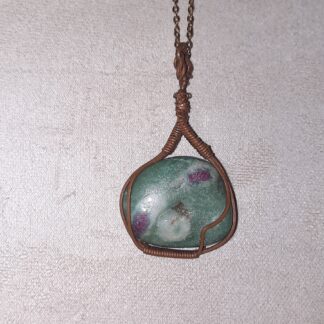 The Little Green Drifter (Copper-Wrapped Ruby in Fuchsite Pendant)