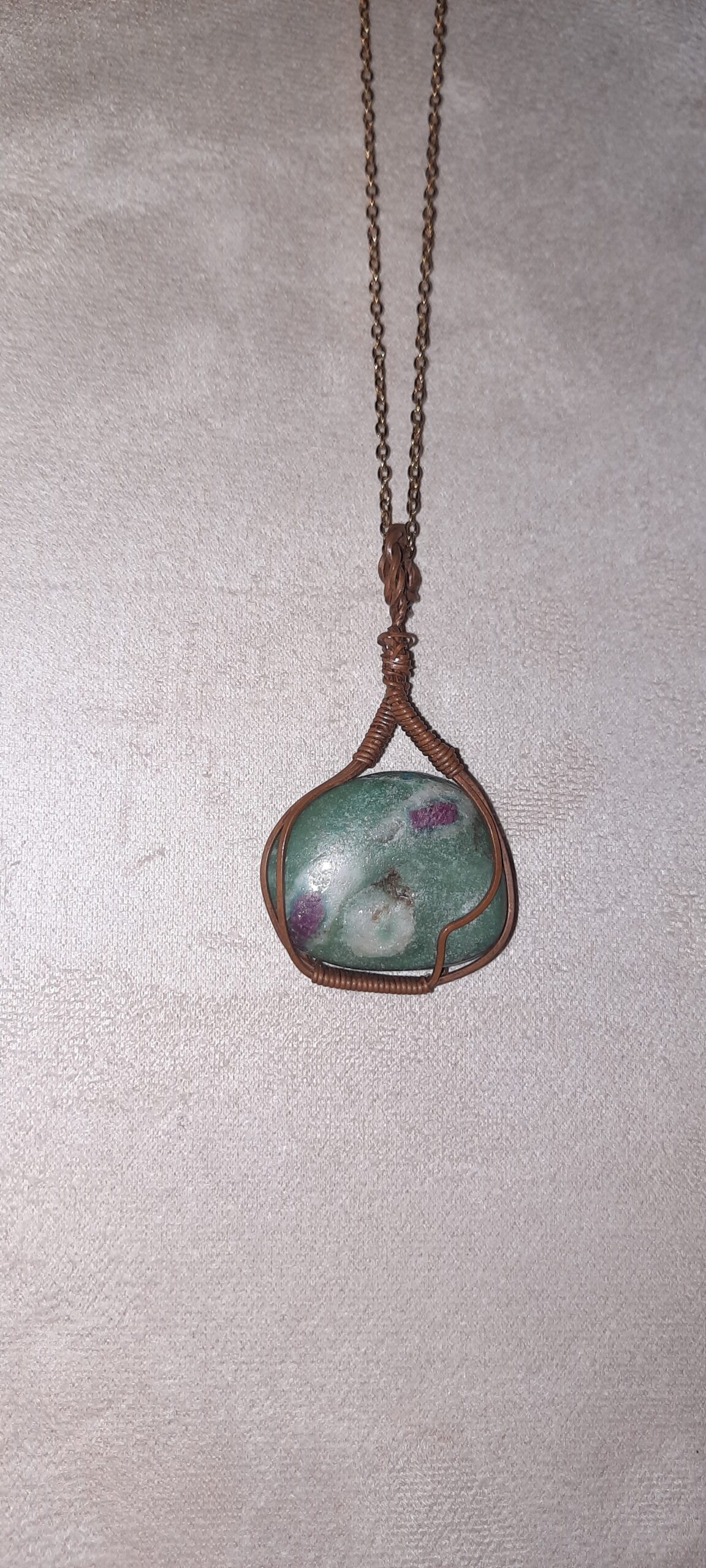 The Little Green Drifter (Copper-Wrapped Ruby in Fuchsite Pendant)